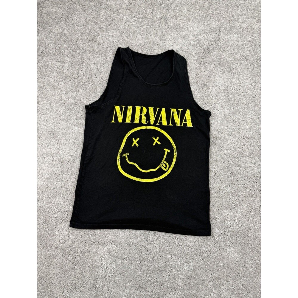 Nirvana Smiley Face Tank Top Mens Medium Black Yellow Grunge Band Tee Muscle